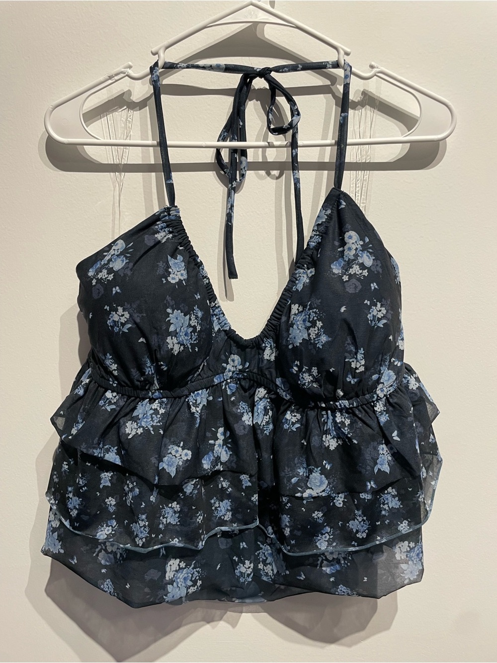Wild Fable Women's Ruffle Halter Tank Top Navy Blue Floral XL NWT